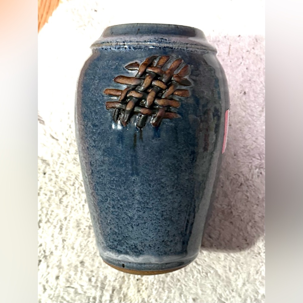 Studio art pottery vase deep blue/grey with a prominent 3d weave brown accent.